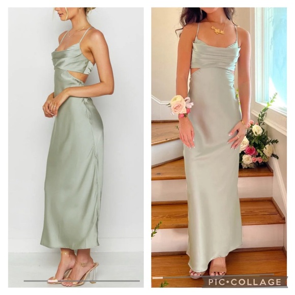 NWT Beginning Boutique cut out maxi dress in Sage. Silky backless strappy sheath - Picture 3 of 15